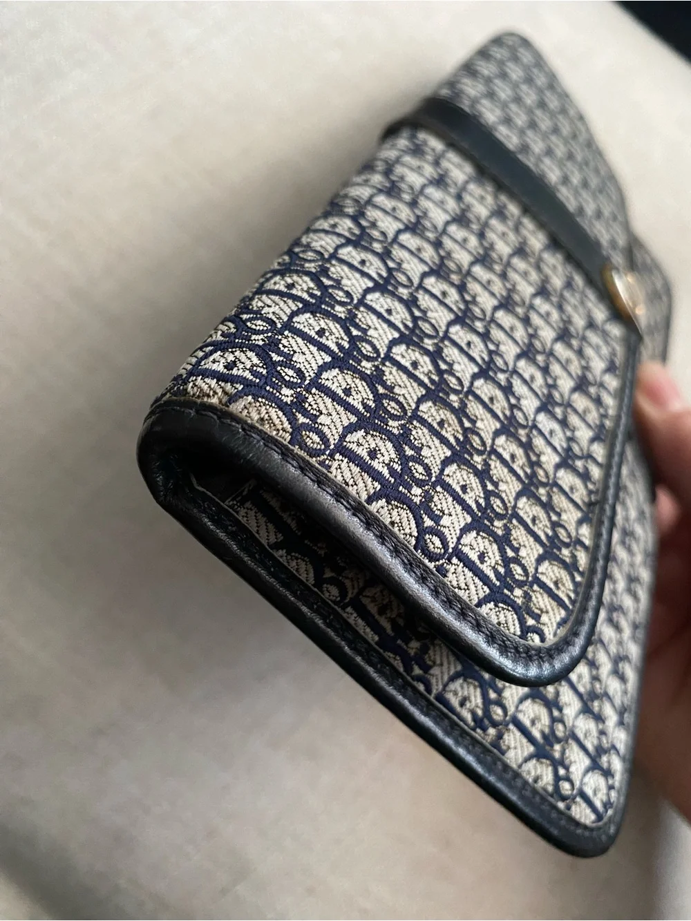 Vintage Christian Dior Clutch Wallet EUC Strap Added Navy Canvas/Leather Bag